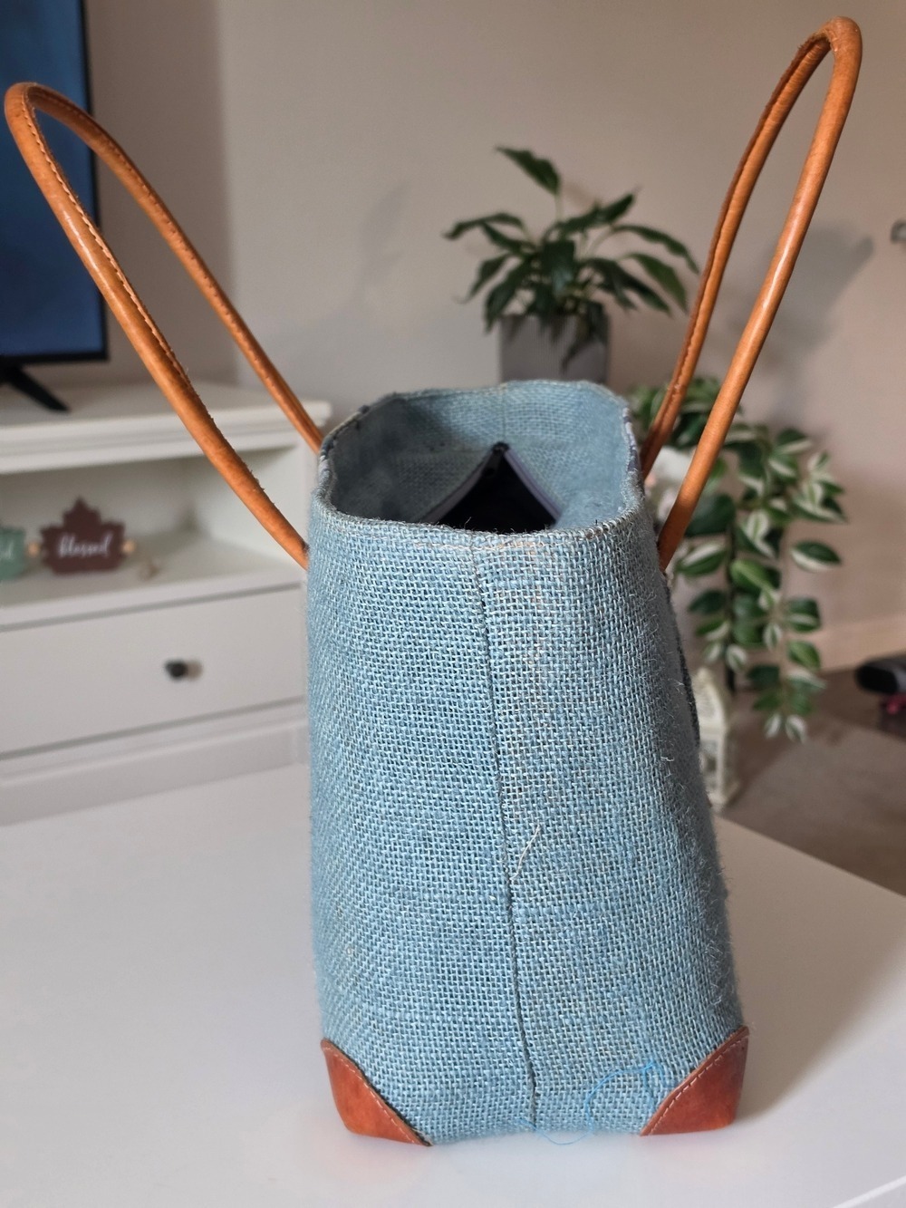 Blue Floral Canvas Tote Bag with Tan Faux Leather Accents - Picture 5 of 8
